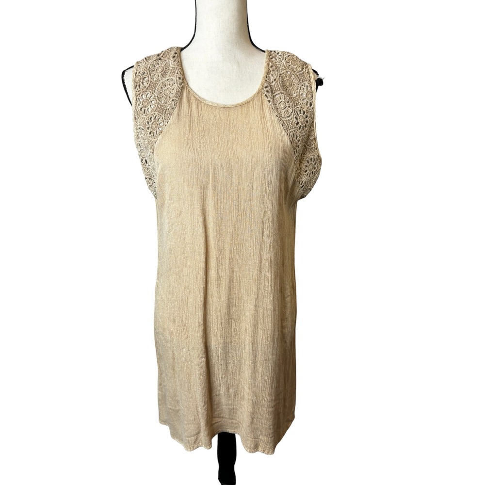 Cute Options Tan Crinkle Crochet Lace Sleeveless Boho Dress Womens L NWT Rayon